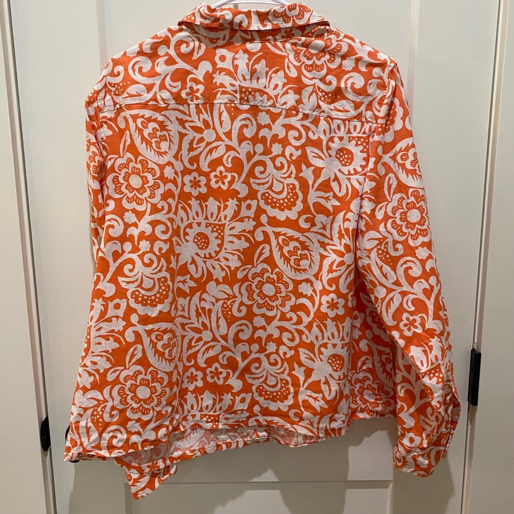 Talbots Orange White Floral Paisley 100% Linen Button Down Shirt Womens XL - Picture 5 of 6